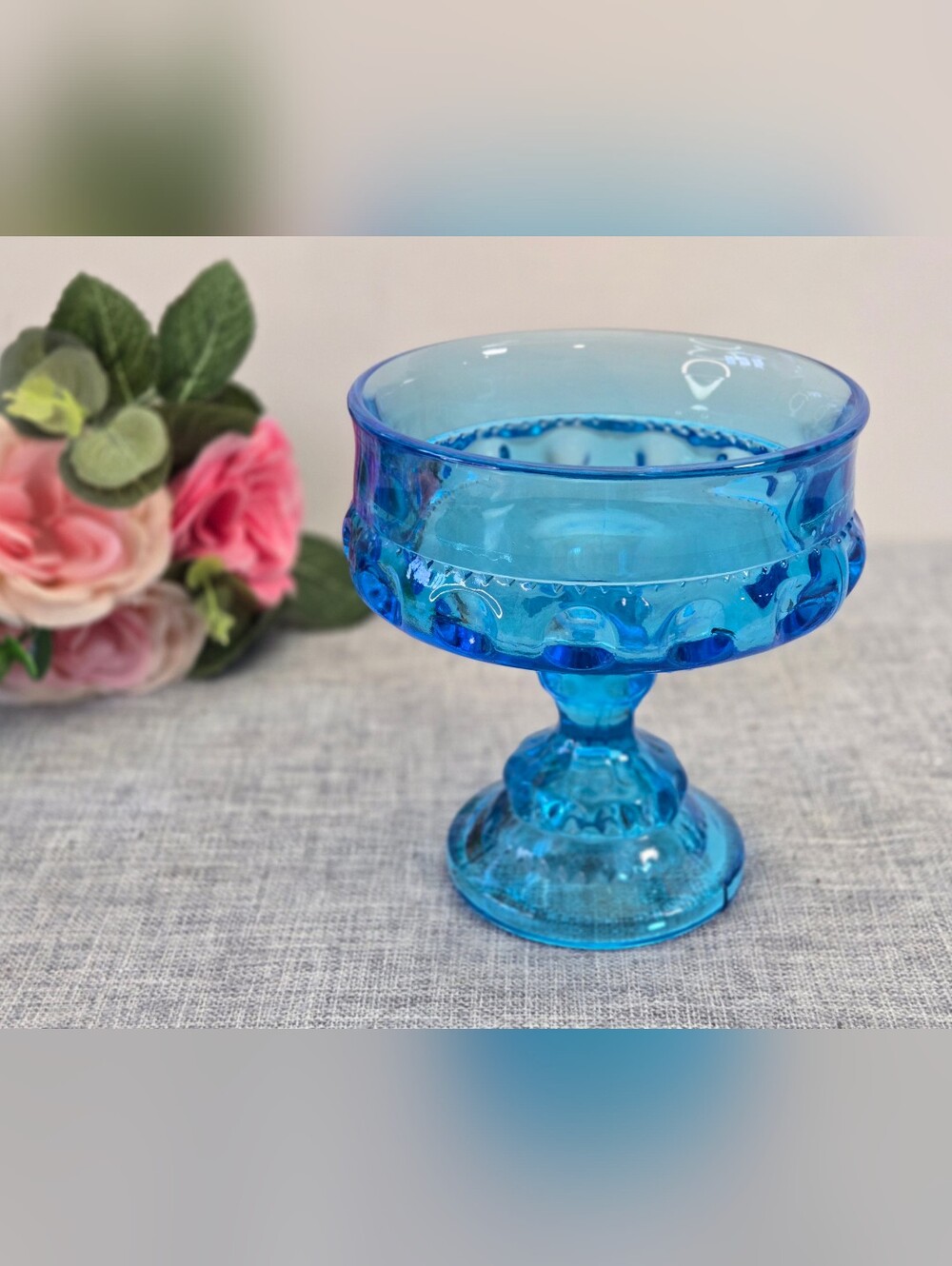 Vintage‎ Indiana Glass Kings Crown Blue Pedestal Candy Dish Compote Mid Century